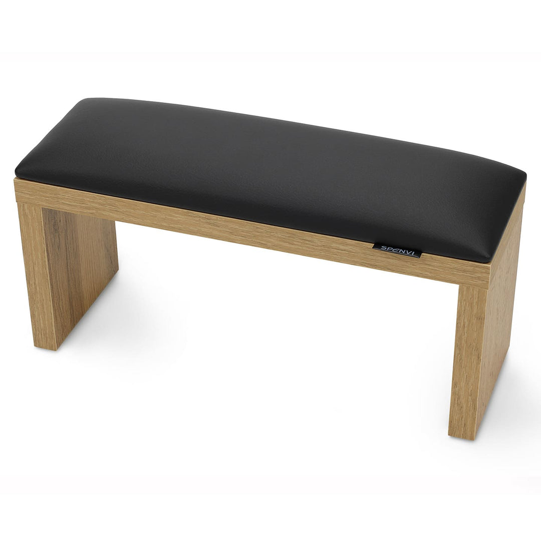 SPENVI Classic manicure arm rest with black leather cushion and oak-finish wooden legs, displayed on a white background. #color_black