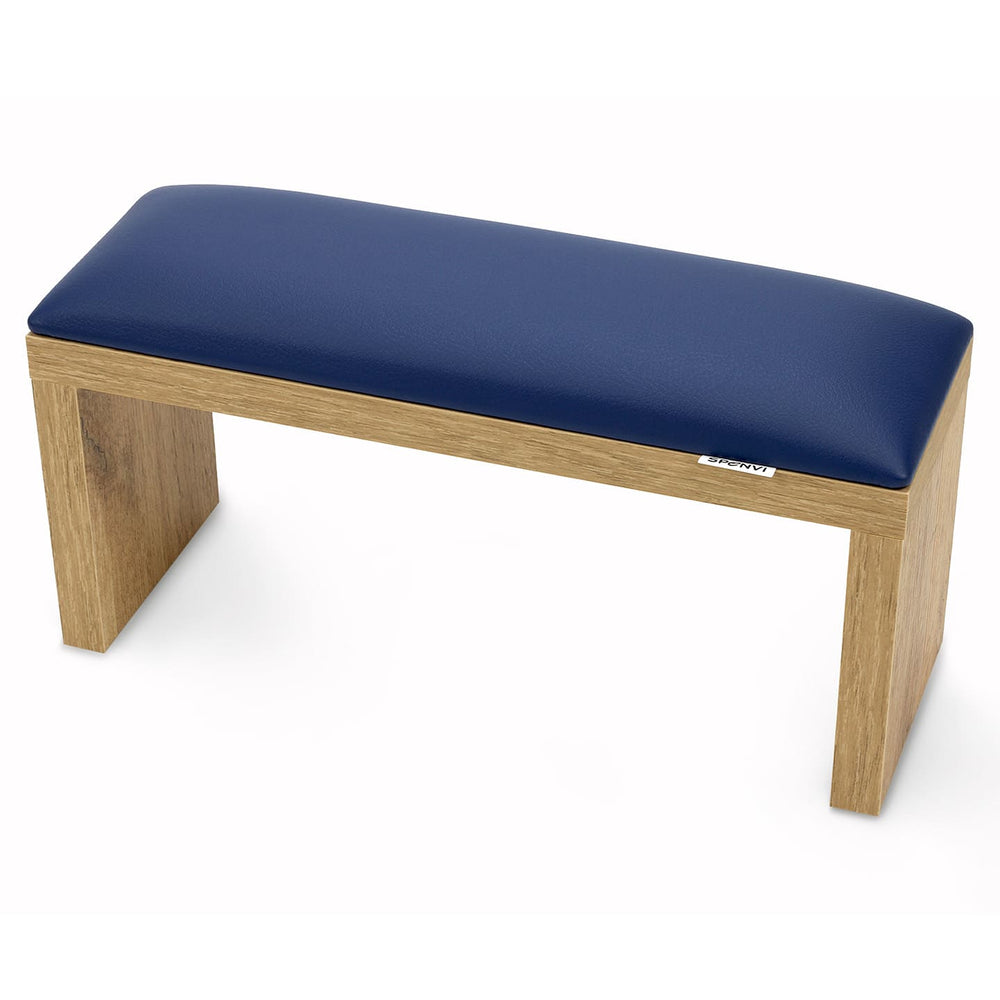 SPENVI Classic manicure arm rest with navy blue leather cushion and oak-finish wooden legs, displayed on a white background. #color_blue