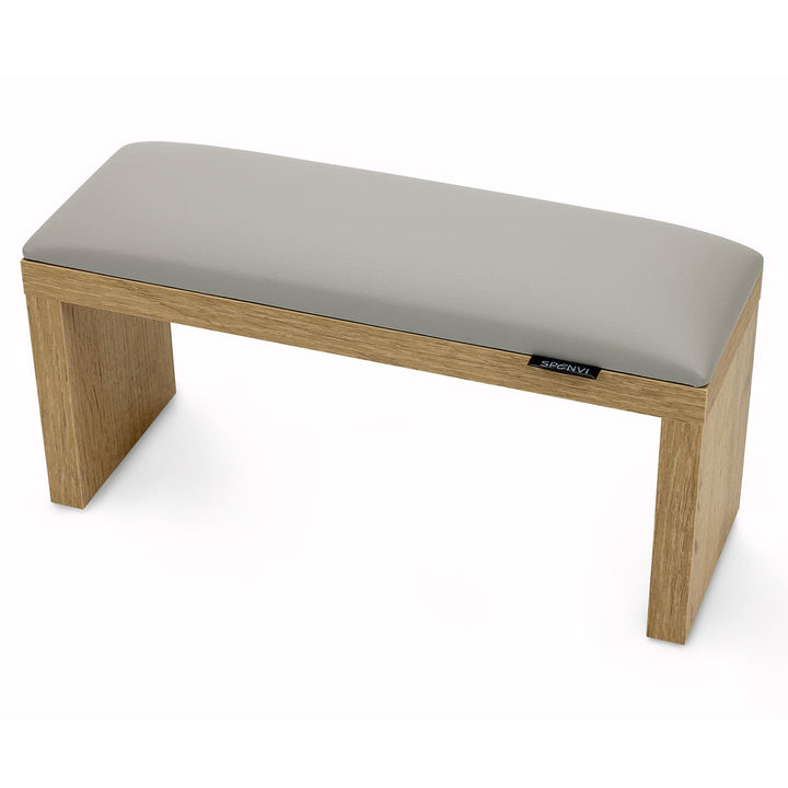 SPENVI Classic manicure arm rest with light gray leather cushion and oak-finish wooden legs, displayed on a white background. #color_cloud