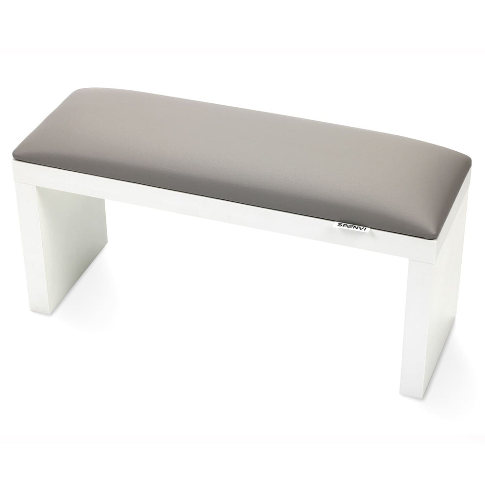 SPENVI Classic manicure arm rest with light gray leather cushion and white-finish legs on white background. #color_cloud