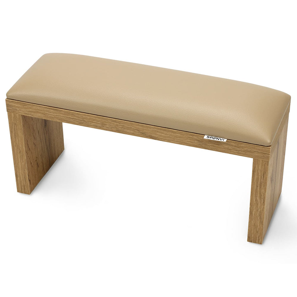 SPENVI Classic manicure arm rest with beige leather cushion and oak-finish wooden legs, displayed on a white background. #color_coffee-milk