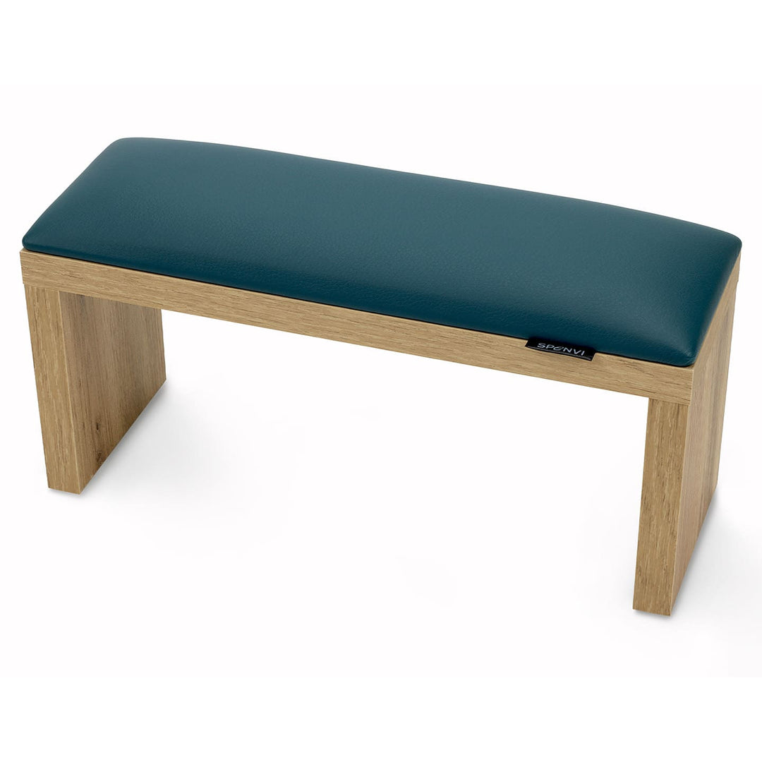 SPENVI Classic manicure arm rest with dark green leather cushion and oak-finish wooden legs, displayed on a white background. #color_dark-green