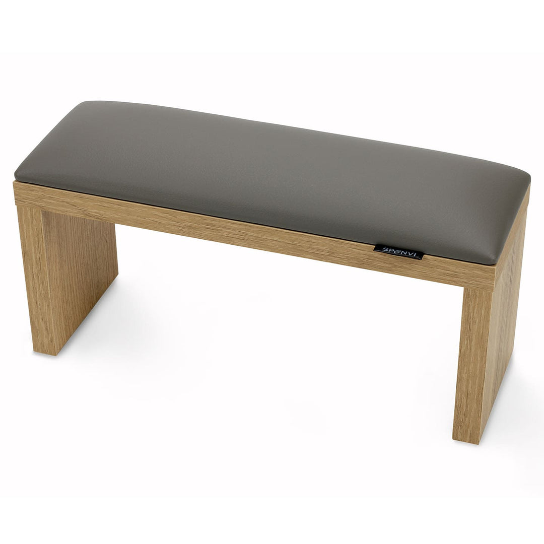 SPENVI Classic manicure arm rest with gray leather cushion and oak-finish wooden legs, displayed on a white background. #color_gray