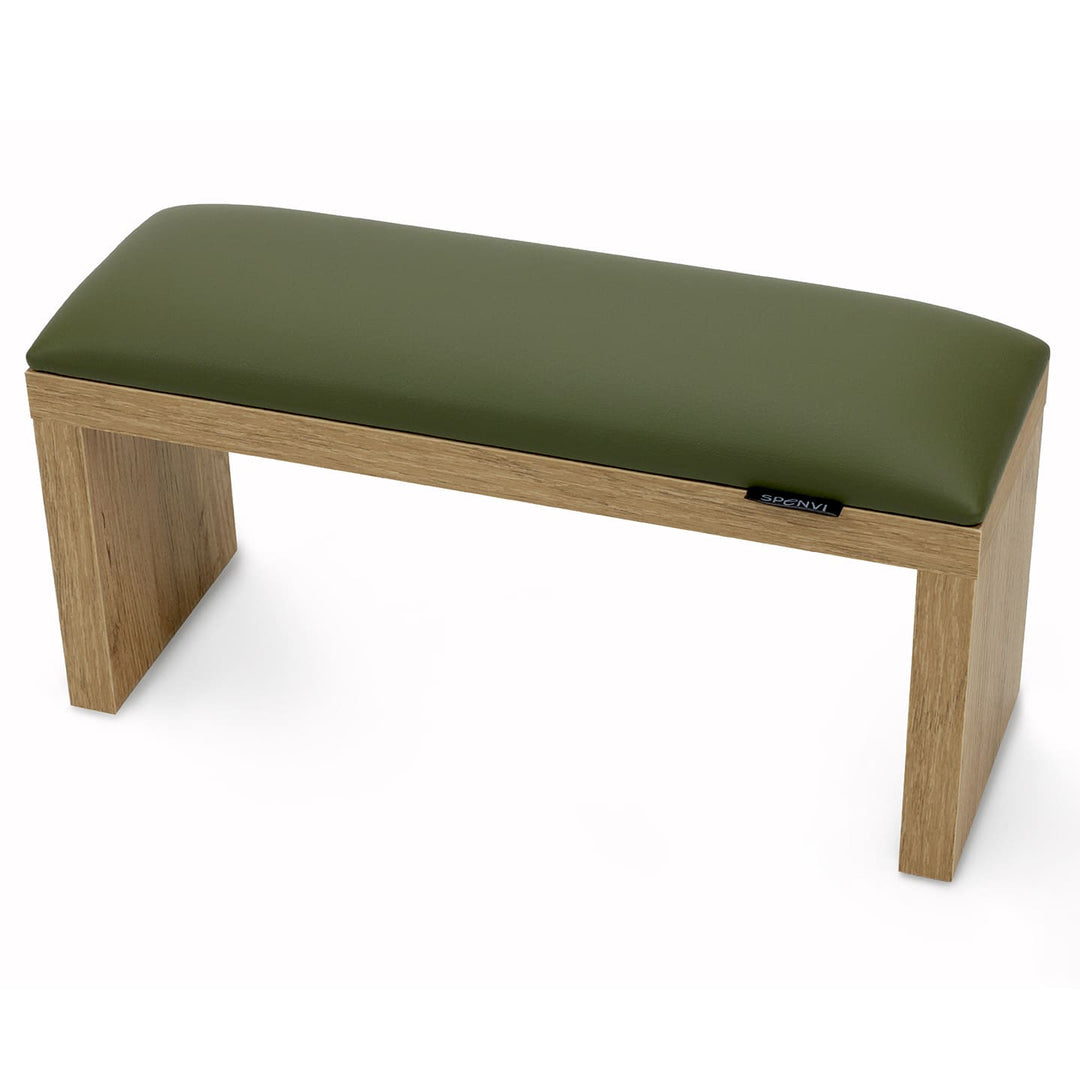 SPENVI Classic manicure arm rest with khaki leather cushion and oak-finish wooden legs, displayed on a white background. #color_khaki