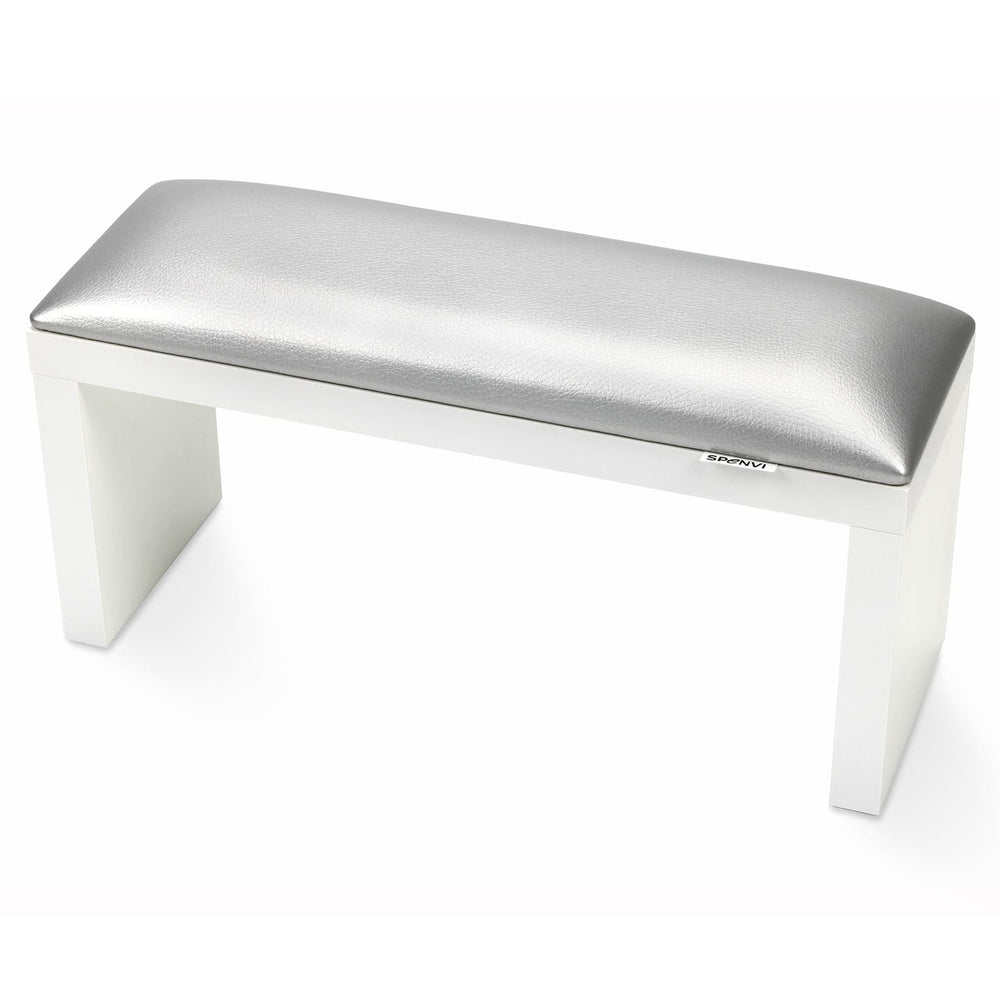 SPENVI Classic manicure arm rest with silver leather cushion and white-finish legs on white background. #color_silver
