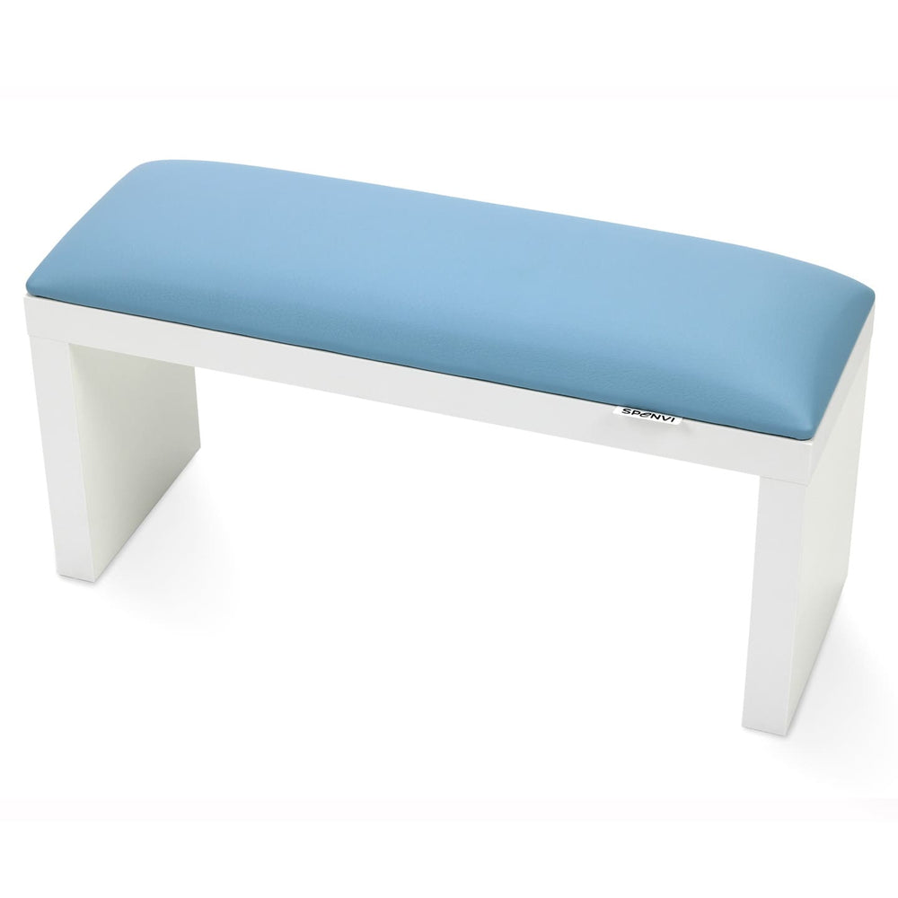 SPENVI Classic manicure arm rest with sky blue leather cushion and white-finish legs on white background. #color_sky-blue