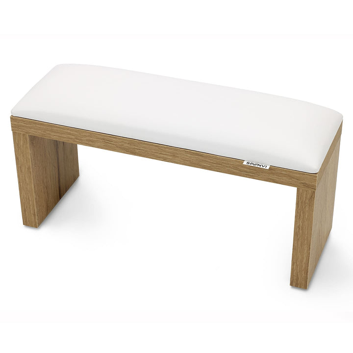 SPENVI Classic manicure arm rest with white leather cushion and oak-finish wooden legs, displayed on a white background. #color_white