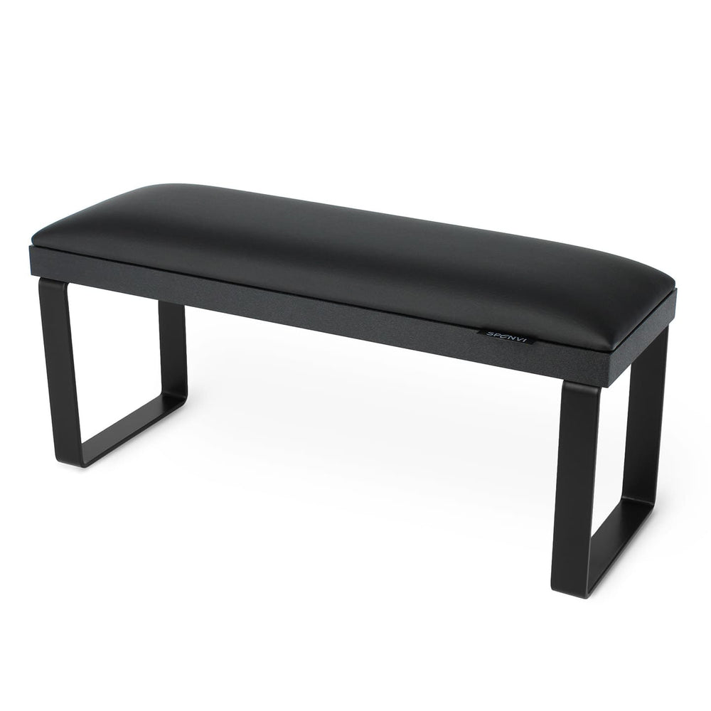 SPENVI Loft manicure arm rest in black with leather cushion, black metal legs, and black base on white background.