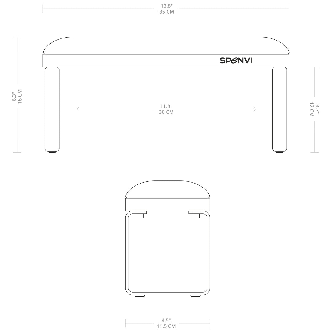 Technical drawing of SPENVI Loft manicure arm rest showing product dimensions and structure. #color_black