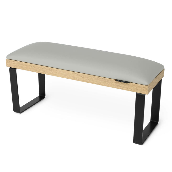 SPENVI Loft manicure arm rest with light gray leather, oak-finish base, and black metal legs on white background. #color_cloud