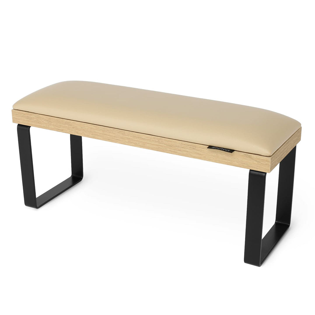 SPENVI Loft manicure arm rest with beige leather, oak-finish base, and black metal legs on white background. #color_coffee-milk