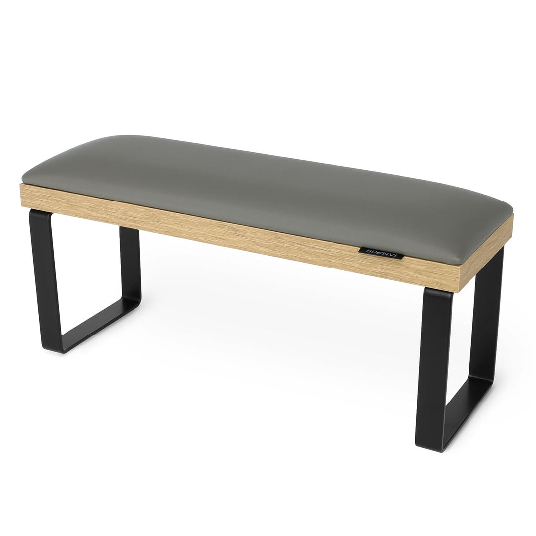 SPENVI Loft manicure arm rest with gray leather, oak-finish base, and black metal legs on white background. #color_gray