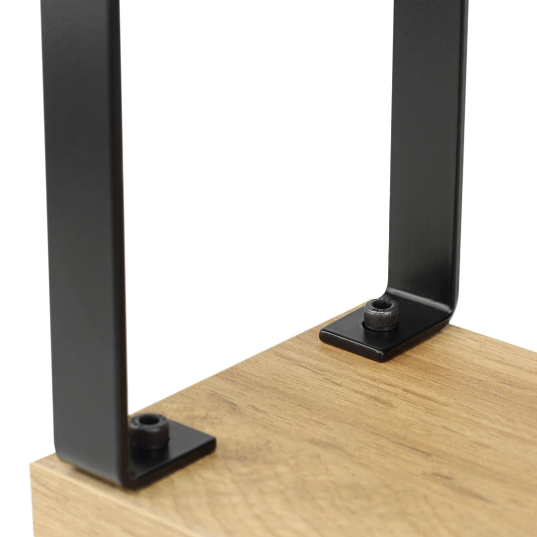 Close-up of SPENVI Loft arm rest showing oak-finish base and matte black metal leg joints. #color_gray