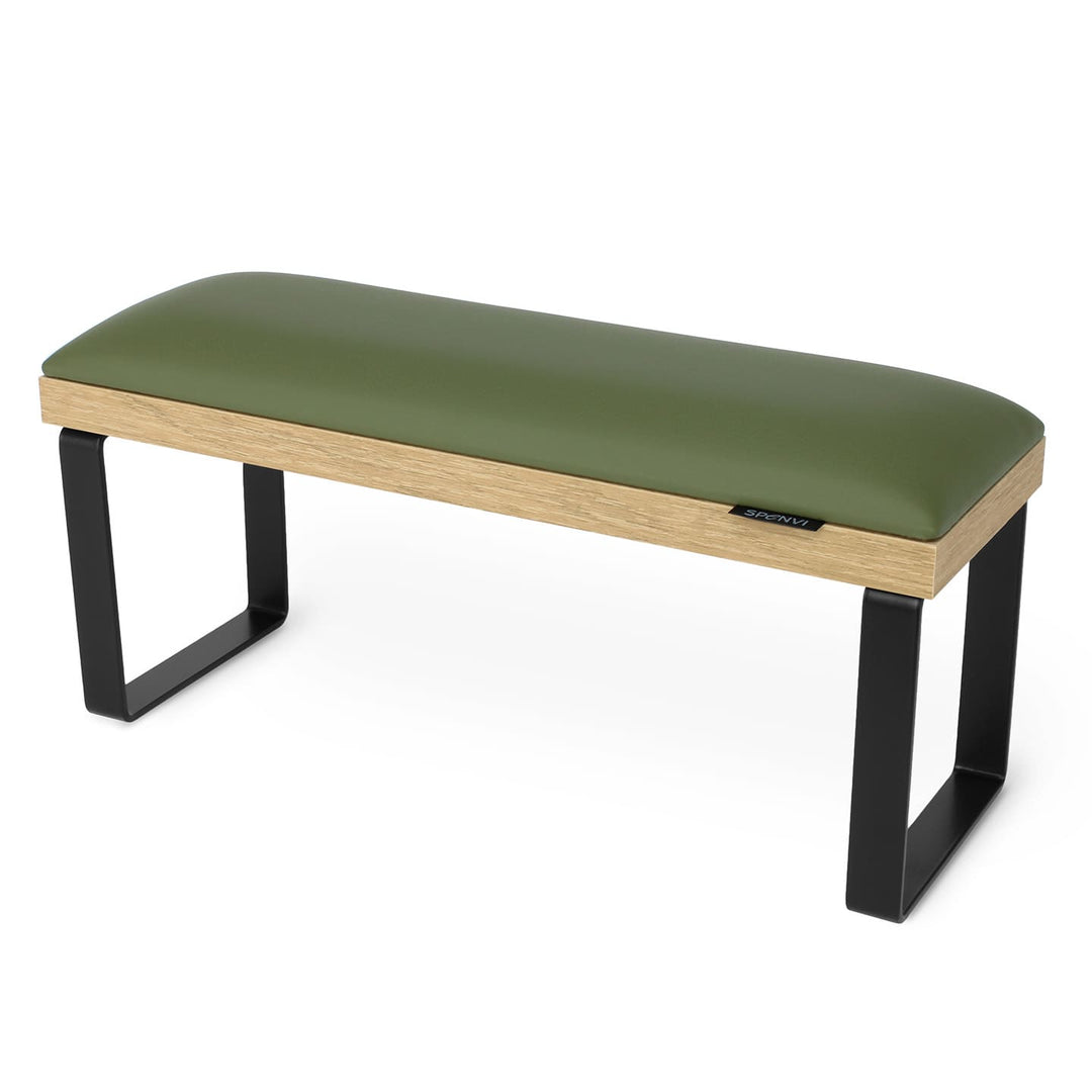 SPENVI Loft manicure arm rest with khaki leather, oak-finish base, and black metal legs on white background. #color_khaki