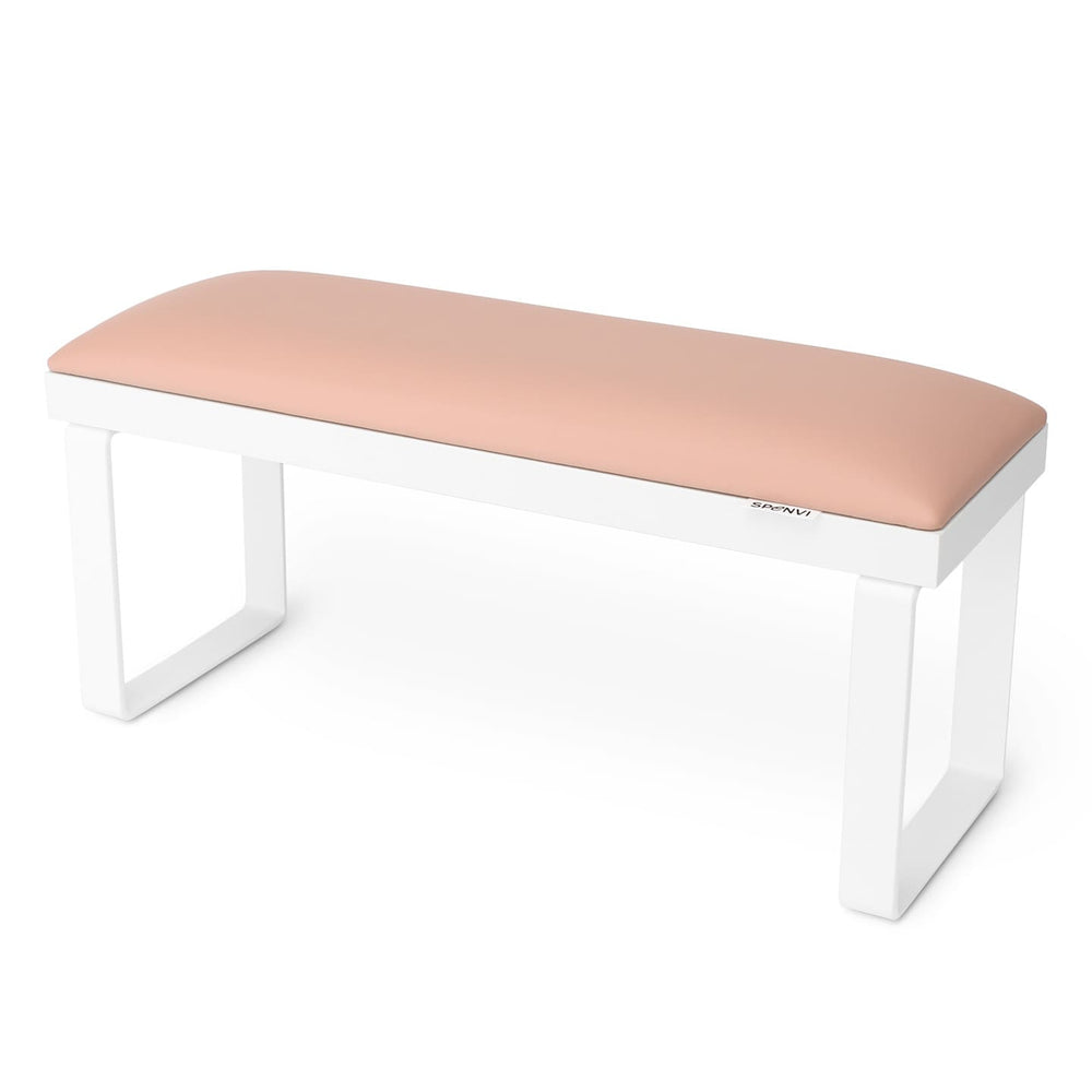 SPENVI Loft manicure arm rest with light pink leather cushion, white base, and white metal legs on white background. #color_light-pink