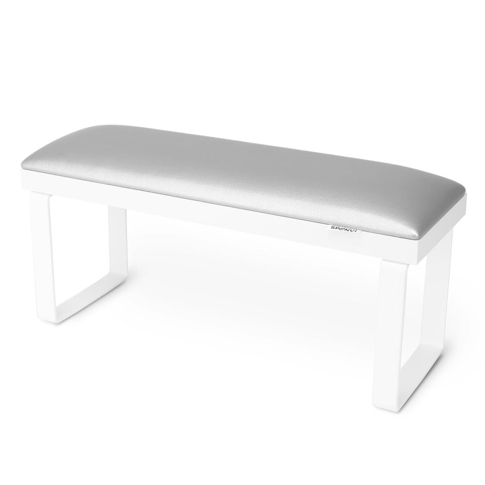 SPENVI Loft manicure arm rest with silver leather cushion, white base, and white metal legs on white background. #color_silver