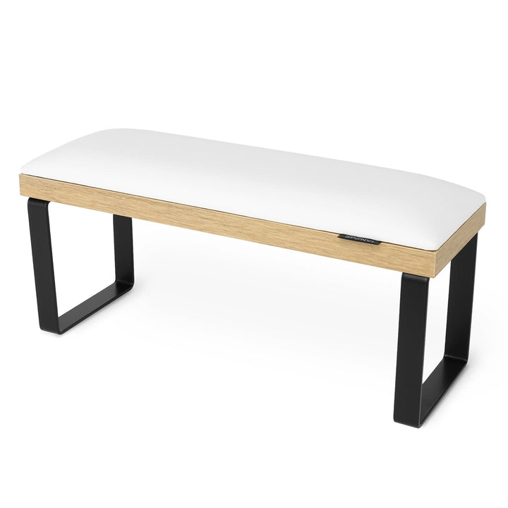 SPENVI Loft manicure arm rest with white leather, oak-finish base, and black metal legs on white background. #color_white