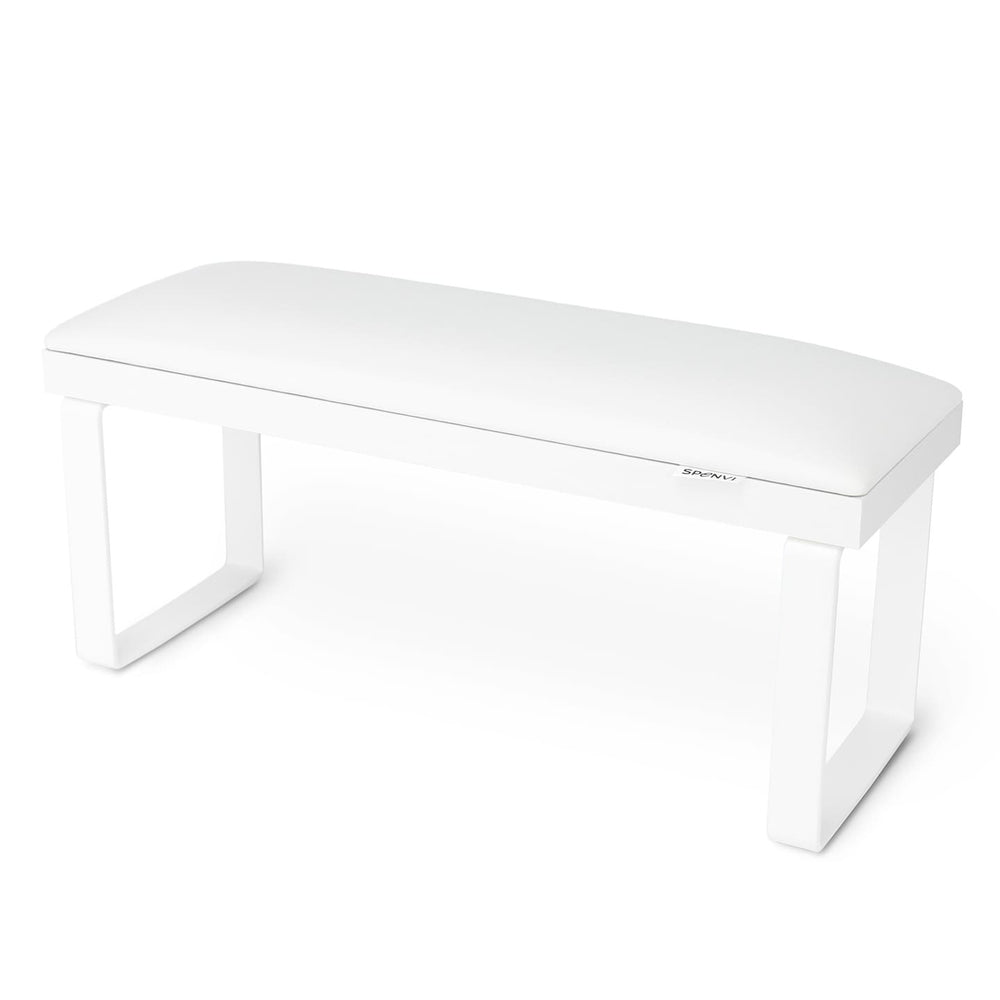SPENVI Loft manicure arm rest with white leather cushion, white base, and white metal legs on white background. #color_white