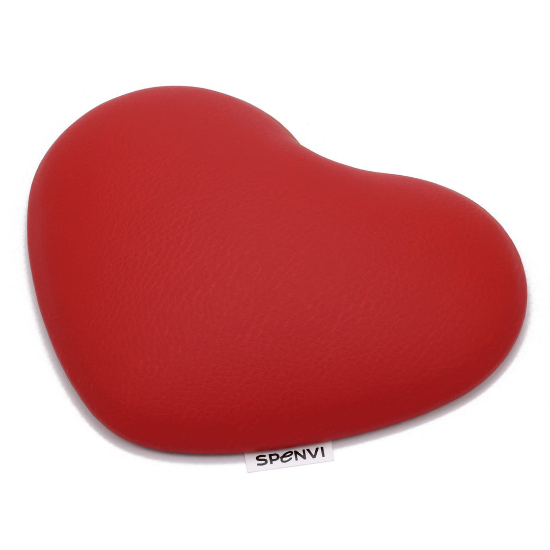 Red heart-shaped SPENVI nail tech elbow cushion made of soft leather on a clean white background. #color_red