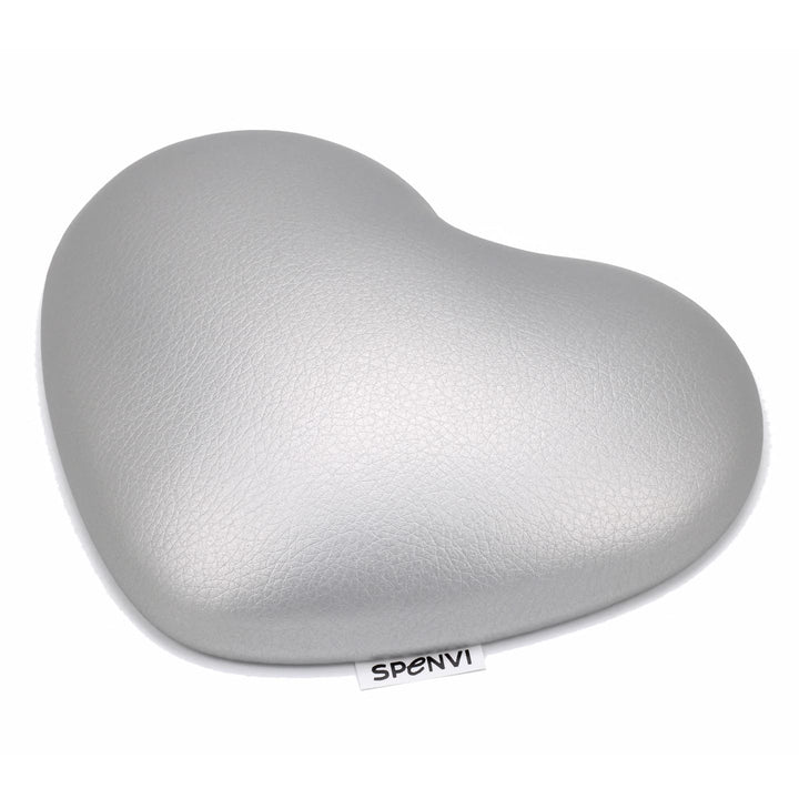 Silver heart-shaped SPENVI nail tech elbow cushion made of soft leather on a clean white background. #color_silver