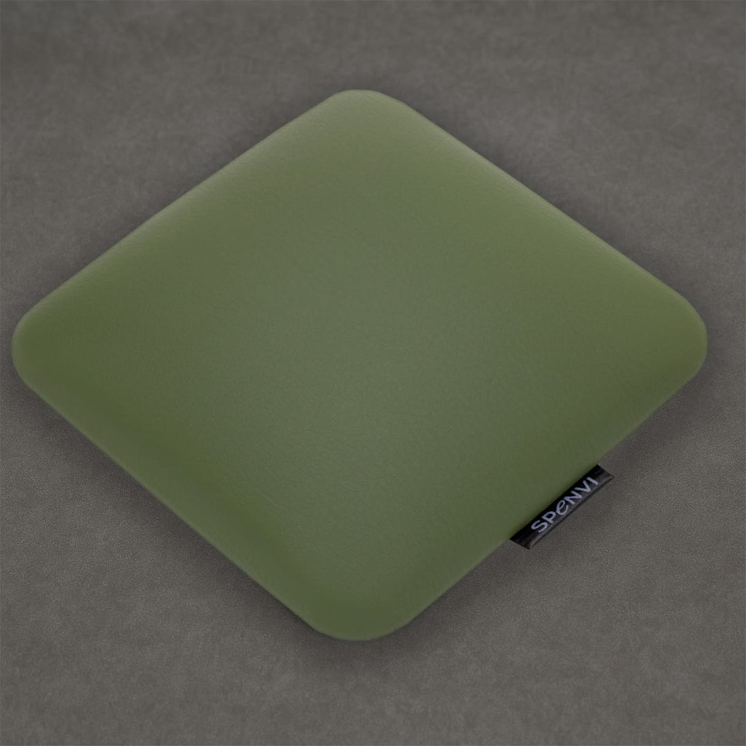 Ergonomic square SPENVI Nail Tech Elbow Cushion Mini Khaki leather on a grey background, ideal for salon workstations and nail professionals. #color_khaki