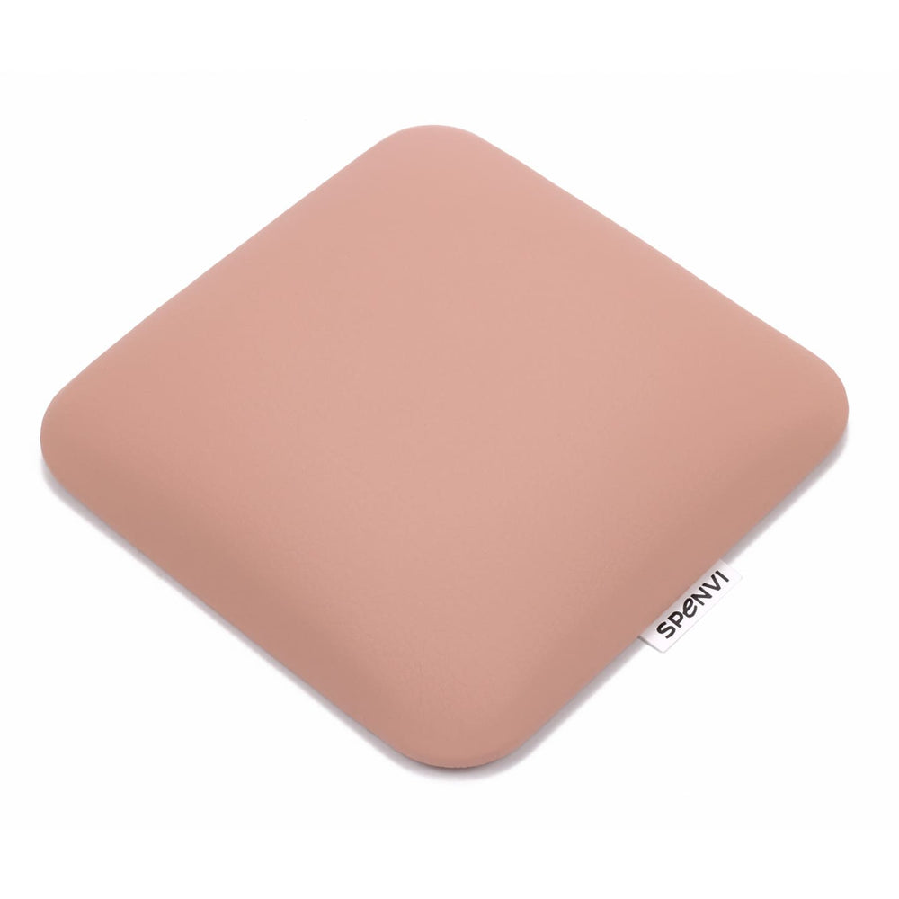 Top view of ergonomic square SPENVI nail tech leather elbow cushion Mini light pink for professional manicure tables. #color_light-pink