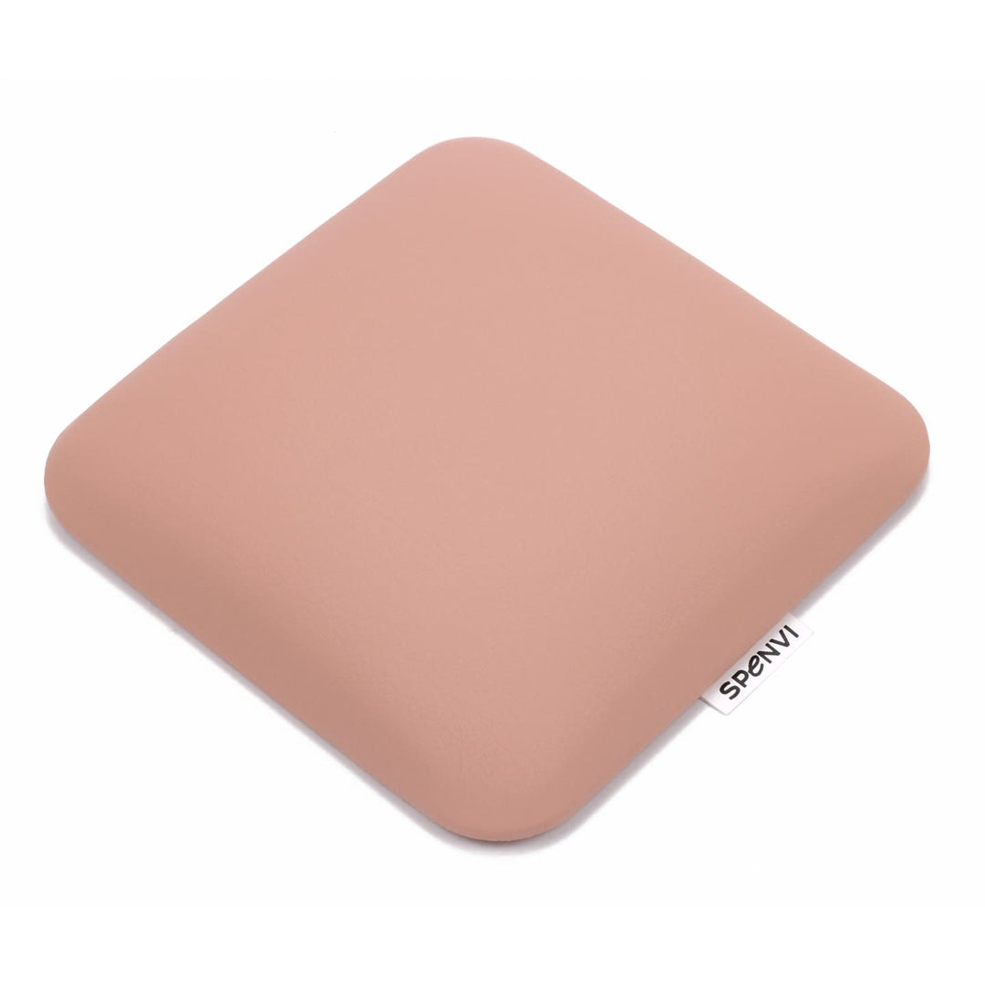 Top view of ergonomic square SPENVI nail tech leather elbow cushion Mini light pink for professional manicure tables. #color_light-pink