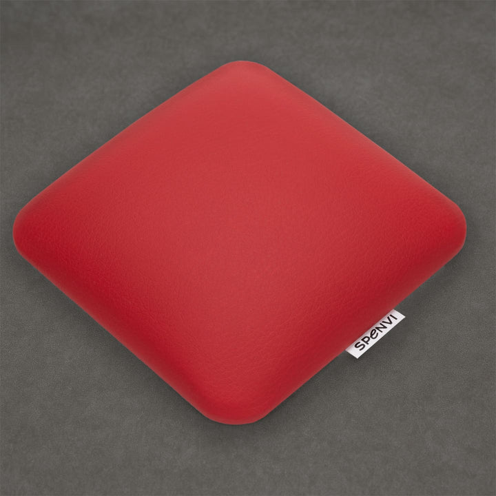Ergonomic square SPENVI Nail Tech Elbow Cushion Mini Red leather on a grey background, ideal for salon workstations and nail professionals. #color_red