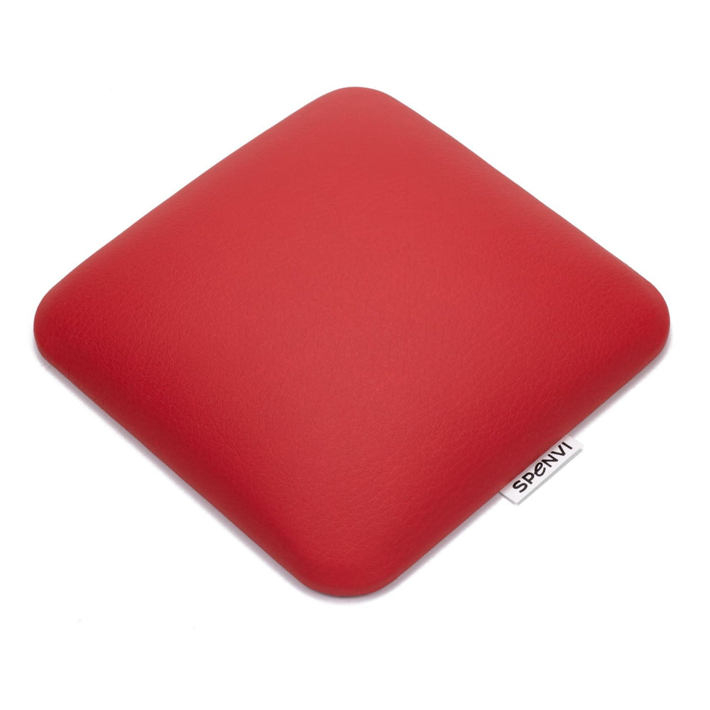 Top view of ergonomic square SPENVI nail tech leather elbow cushion Mini red for professional manicure tables. #color_red