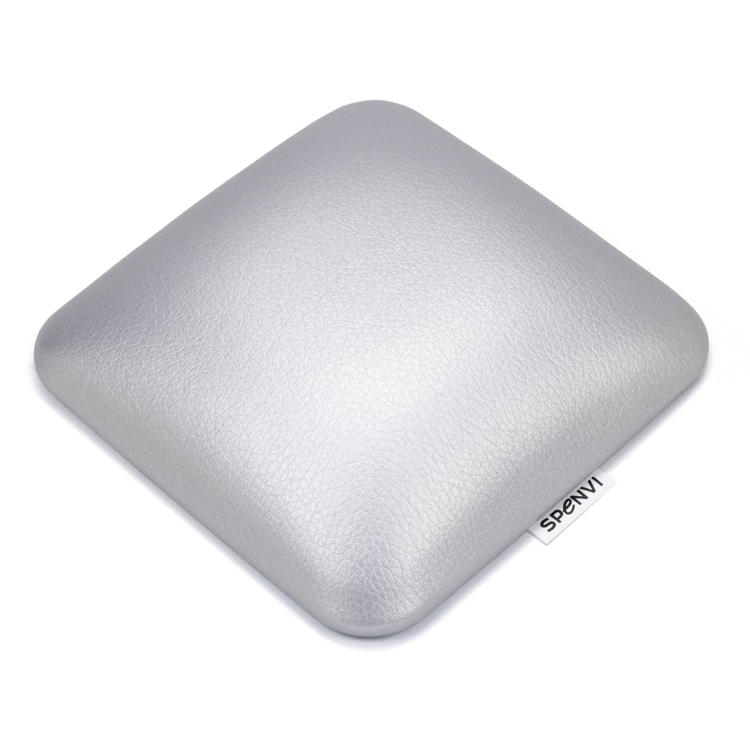 Top view of ergonomic square SPENVI nail tech leather elbow cushion Mini silver for professional manicure tables. #color_silver