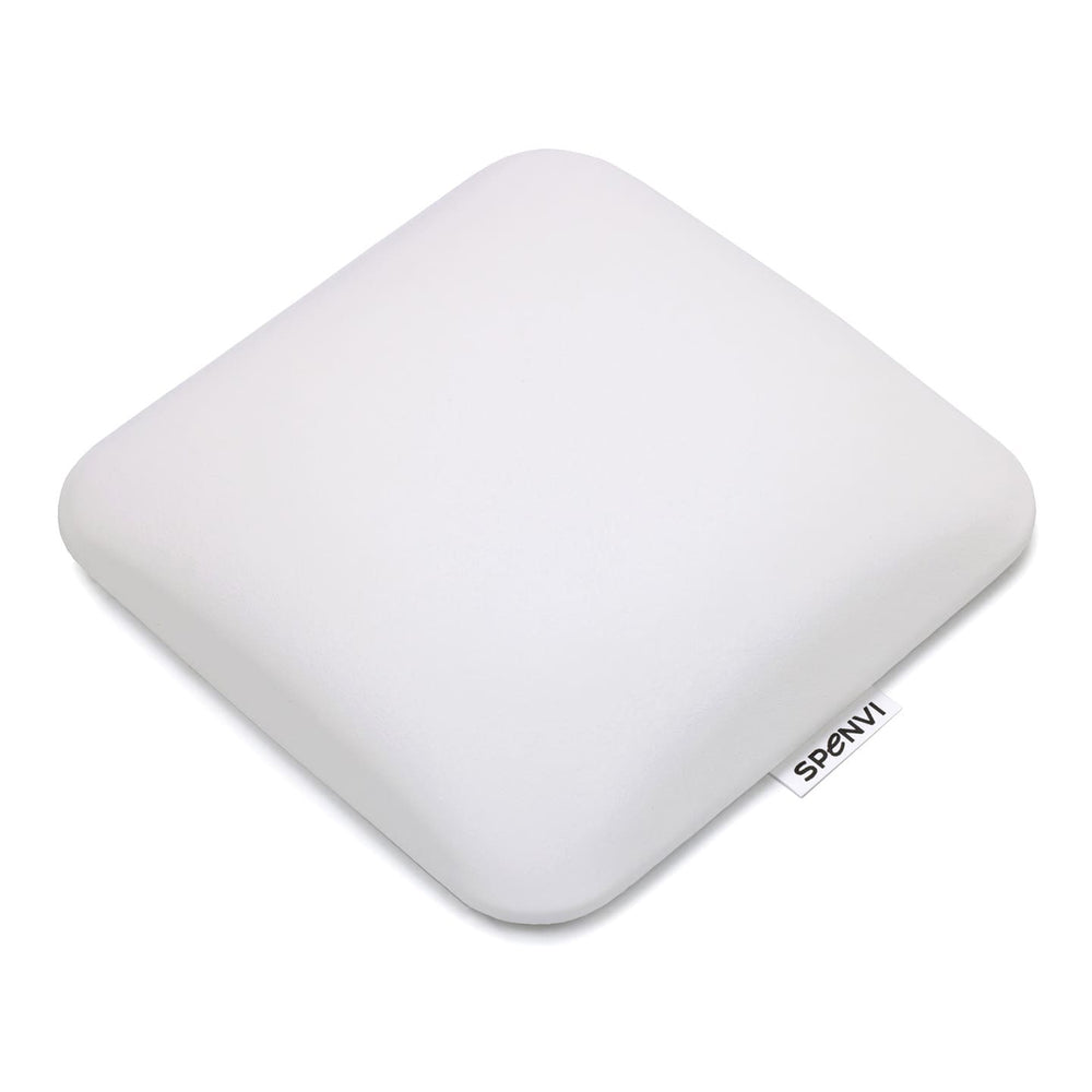 Top view of ergonomic square SPENVI nail tech leather elbow cushion Mini white for professional manicure tables. #color_white