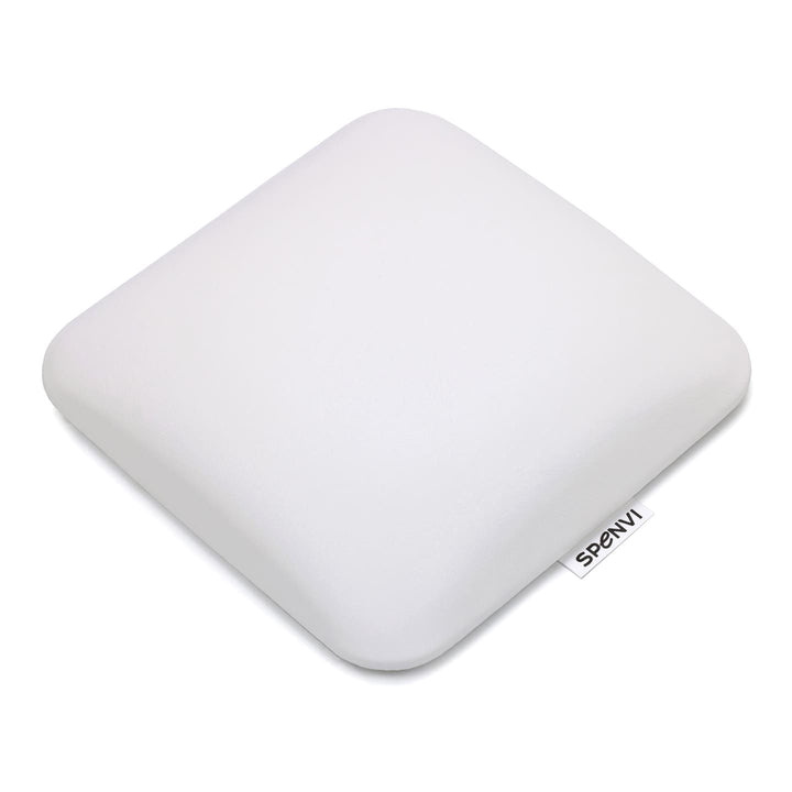 Top view of ergonomic square SPENVI nail tech leather elbow cushion Mini white for professional manicure tables. #color_white