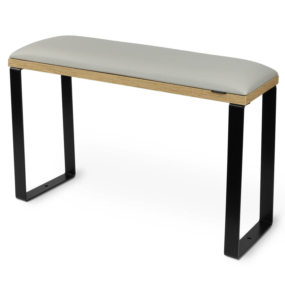 SPENVI Loft pedicure footrest with light gray leather, oak-finish base, and black metal legs on white background. #color_cloud