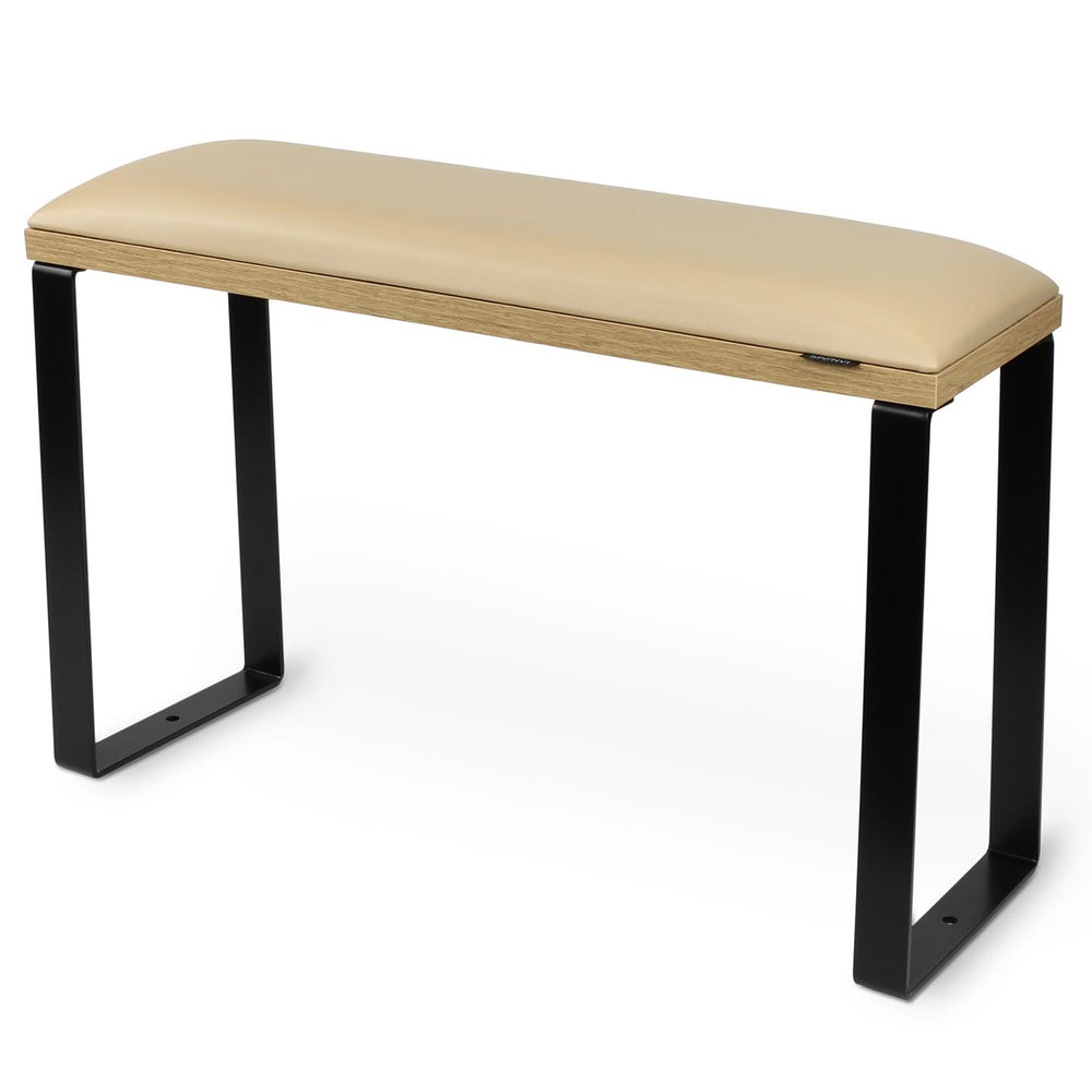 SPENVI Loft pedicure footrest with beige leather, oak-finish base, and black metal legs on white background. #color_coffee-milk