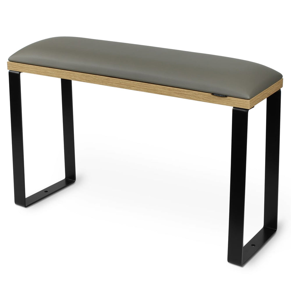 SPENVI Loft pedicure footrest with gray leather, oak-finish base, and black metal legs on white background. #color_gray