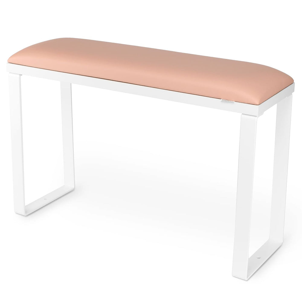 SPENVI Loft pedicure footrest with light pink leather cushion, white base, and white metal legs on white background. #color_light-pink