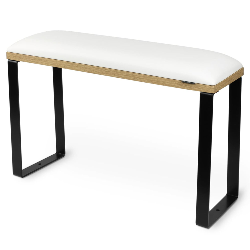 SPENVI Loft pedicure footrest with white leather, oak-finish base, and black metal legs on white background. #color_white