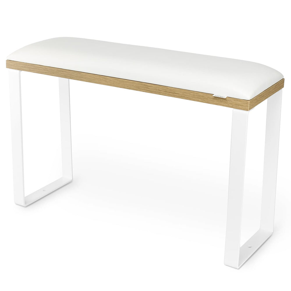 SPENVI Loft pedicure footrest with white leather cushion, oak-finish base, and white metal legs on white background. 