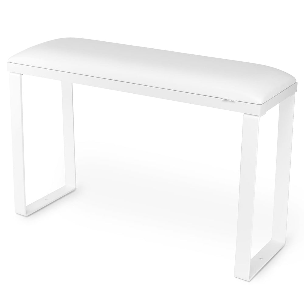 SPENVI Loft pedicure footrest with white leather cushion, white base, and white metal legs on white background. #color_white